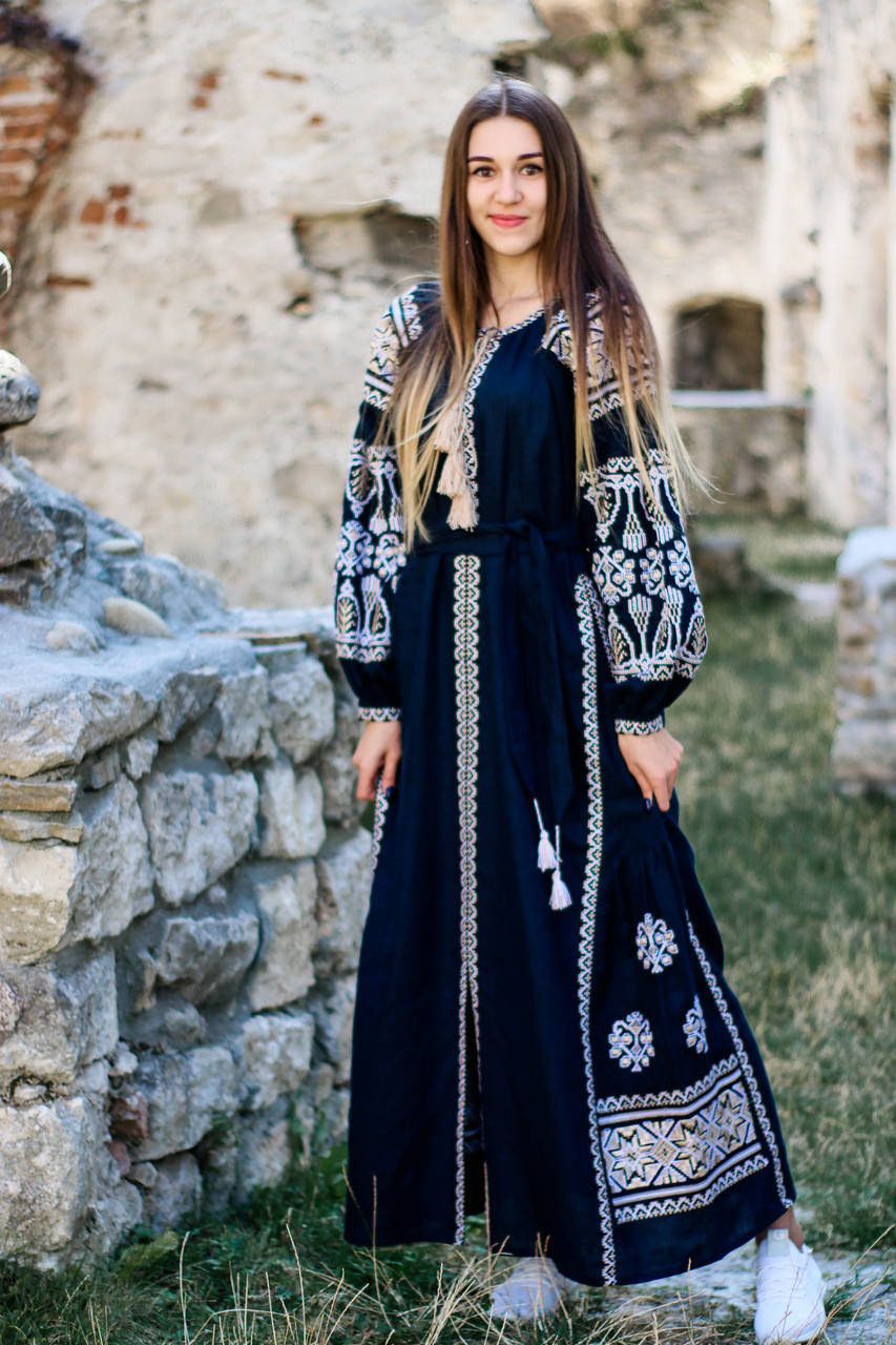 

Жіноча лляна сукня з машинною вишивкою, Темно-синий