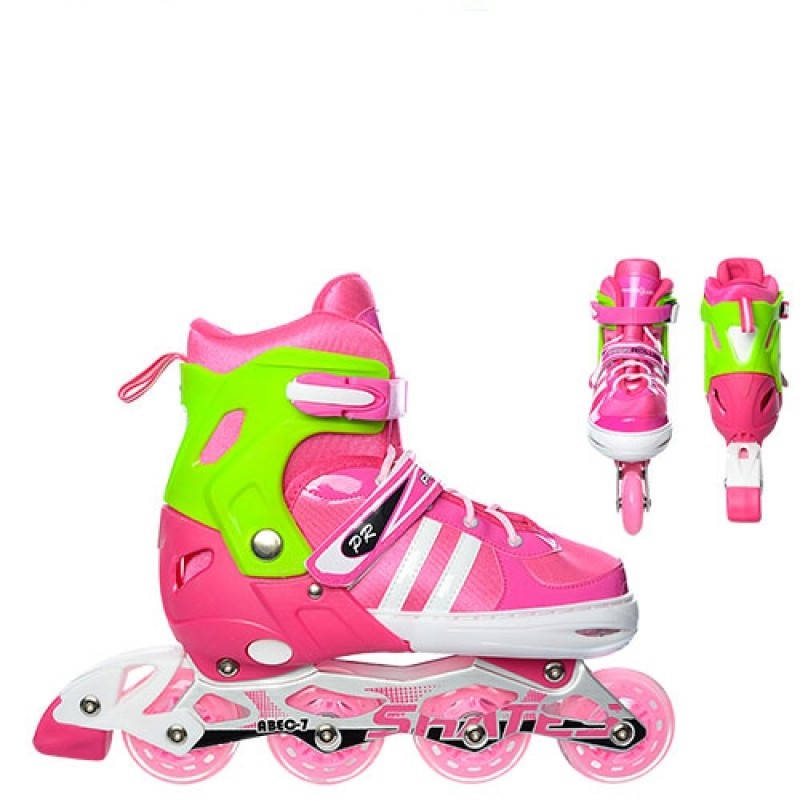 

Детские раздвижные ролики 31-34, шнуровка-бакля, алюминиевая рама, цвет розовый, Profi. В сумке