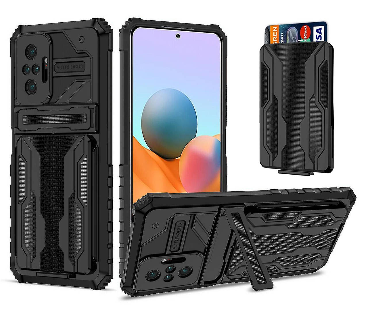 

Противоударный чехол для Xiaomi Redmi Note 10 Pro черный с подставкой и слотом для карт