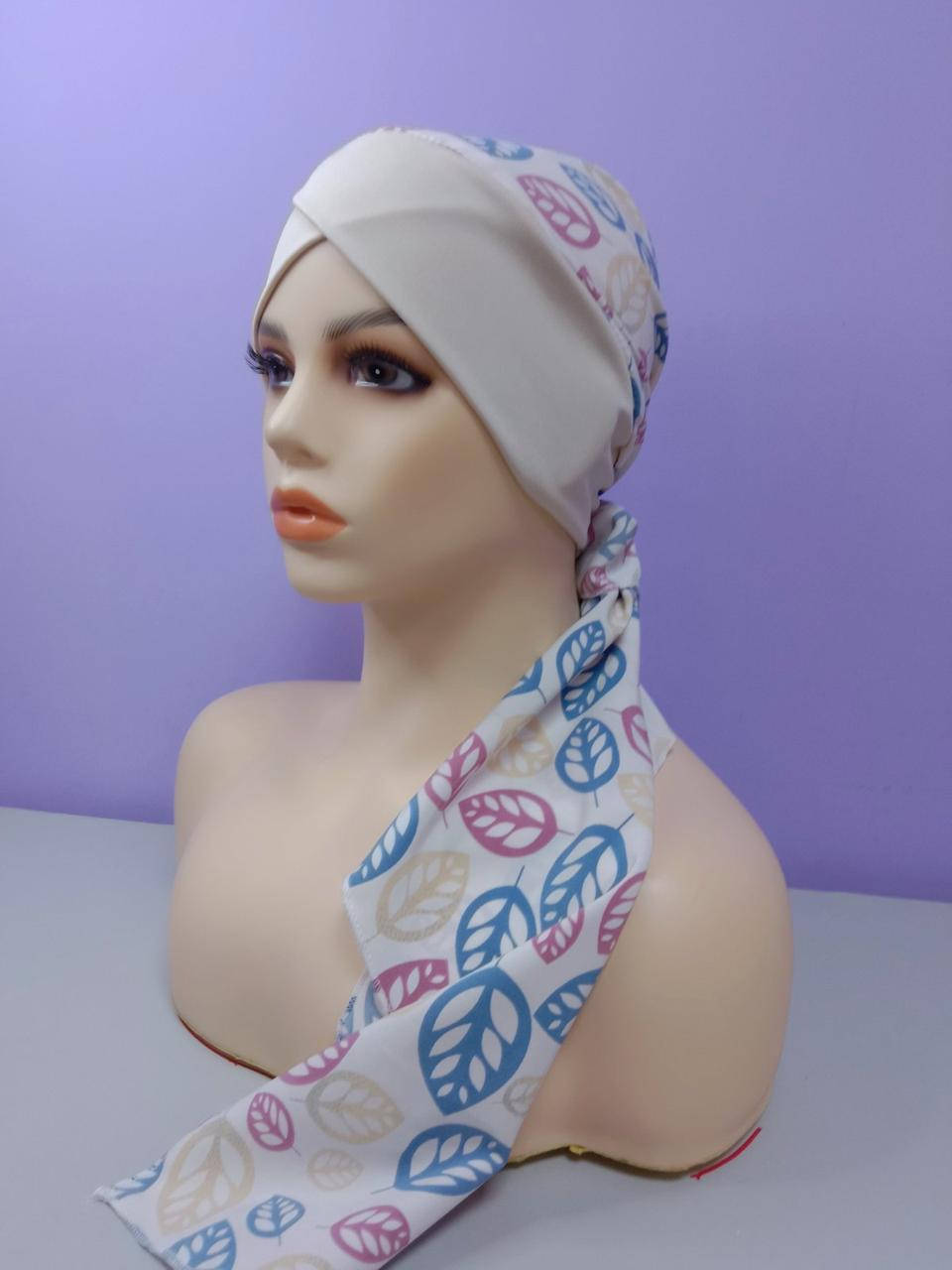 

Чалма летняя 54-60 рр бежевая с принтом на трикотажной повязке "Вуалька Мини", Бежевый