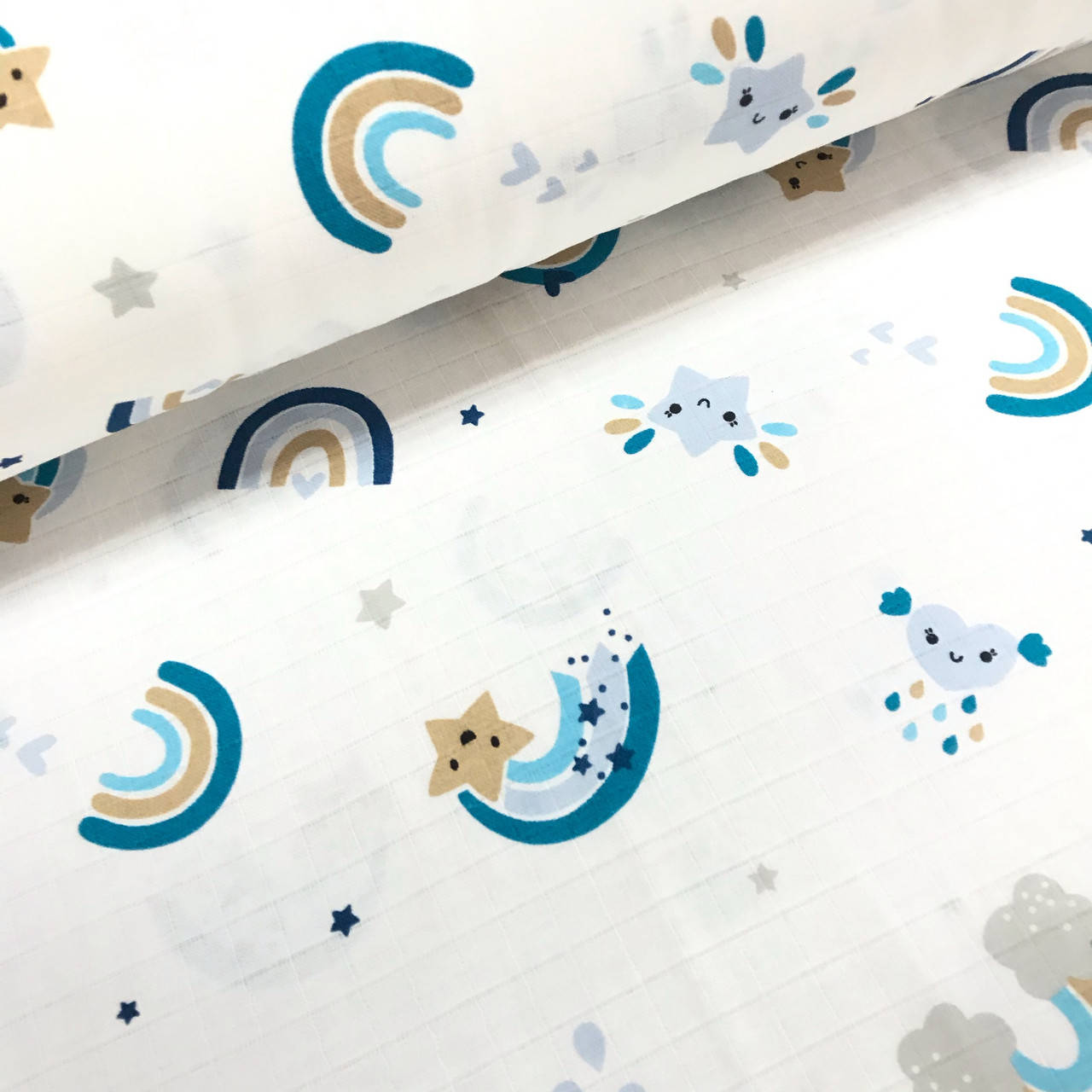 

Ткань муслин Двухслойная синие радуги с бежево-голубыми звездочками на белом (шир. 1,8 м) (MS-F-0132), Разные цвета