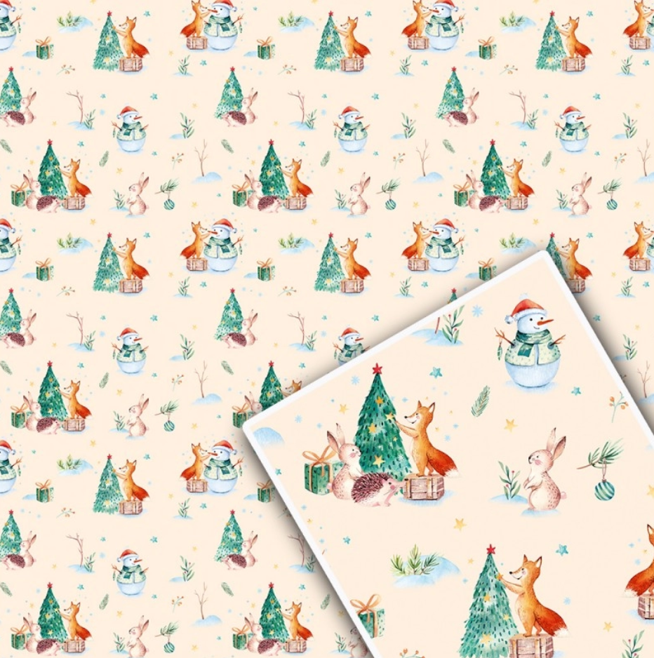 

Новогодняя бумага упаковочная GIFT | Зверушки возле елки