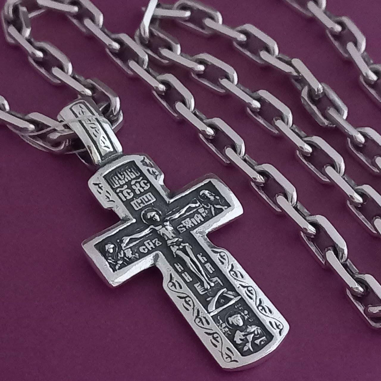 Серебряная цепочка плетение якорь и крест нательный с молитвой Серебро черненое 925 пробы