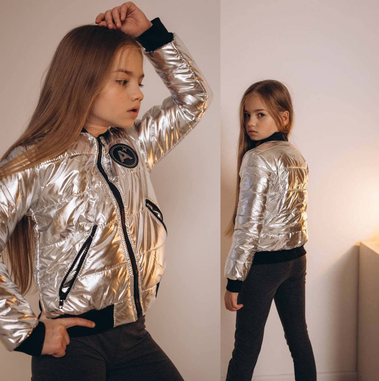 

Курточка - ветровка для девочки. Весенняя короткая куртка - бомбер на девочку Р-128,134,140,146,152 серебро, Серебряный