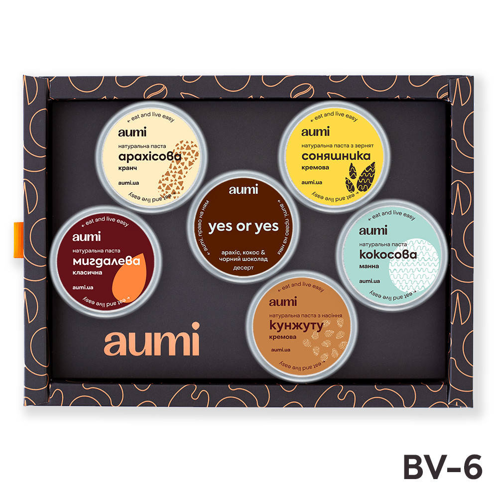 

Подарочный набор BV-6 в коробке, ореховые пасты AUMI миндальная, фундучная, арахисовая, кокосовая, карамель