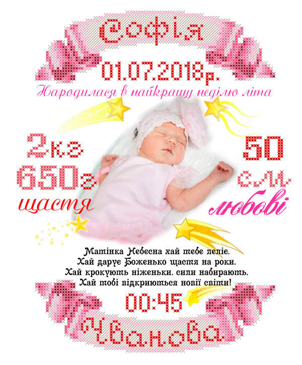 

СКМ-207. Схема для вишивки бісером Метрика для дівчинки (індивідуальне замовлення)