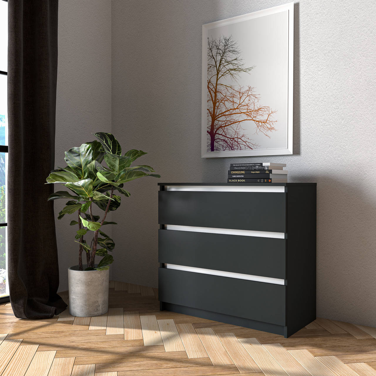 

Комод на 3 выдвижных ящика c фасадами без ручек R-3 Антрацит / Белый планки, Антрацит / белие планки