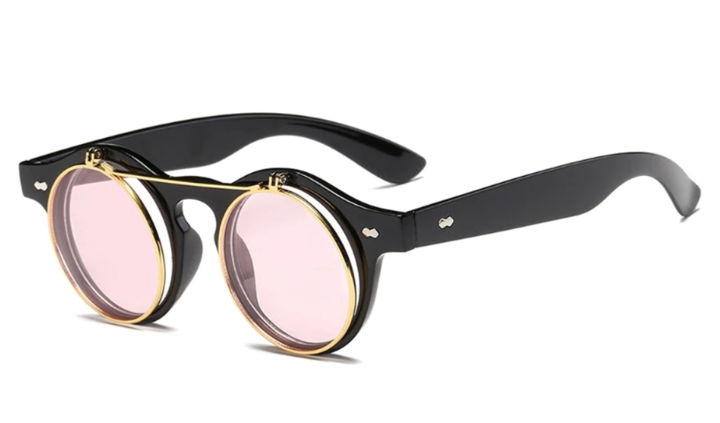 

2в1 очки солнцезащитные+имиджевые круглые панк Двойной флип Розовый