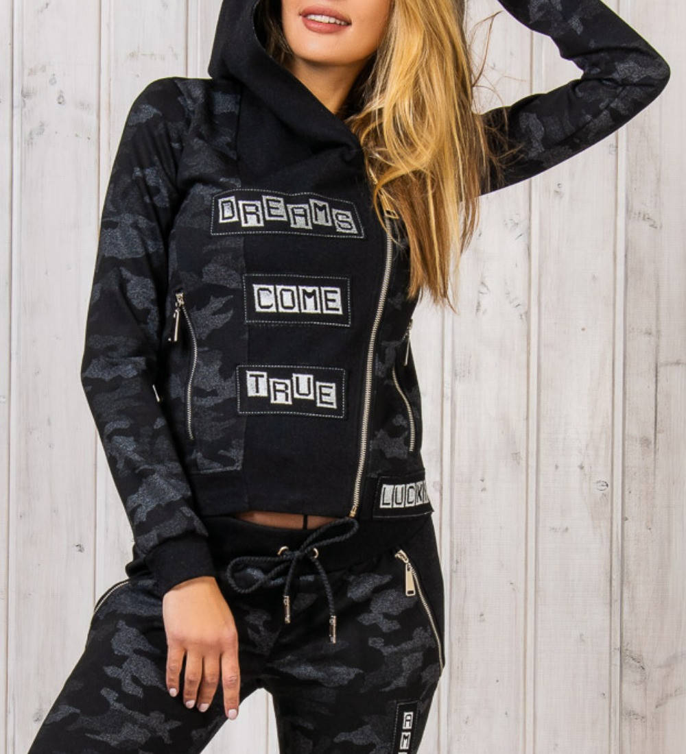 

Женский спортивный костюм турецкий с курткой косухой № 3806 камуфляж чёрный, Черный