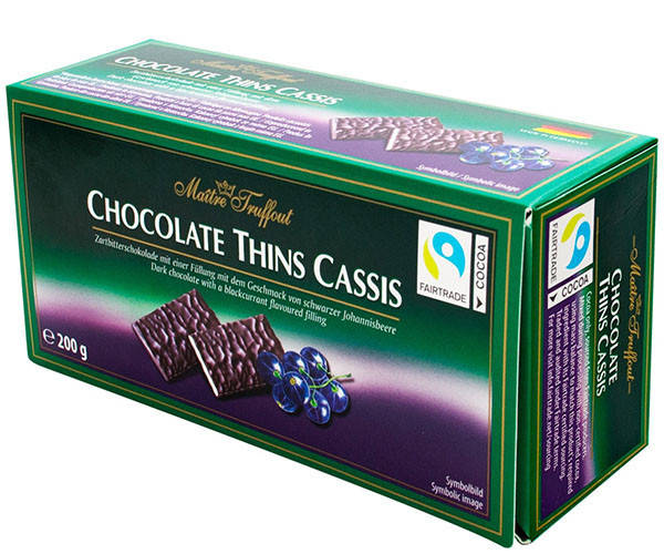 

Черный шоколад Maitre Truffout Thins Cassis Chocolate Черная смородина 200г