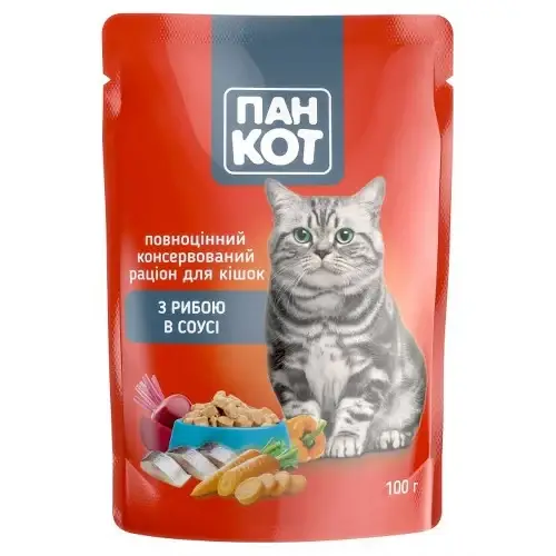 

Влажный корм Пан Кот для взрослых кошек, с рыбой в соусе, 100 г