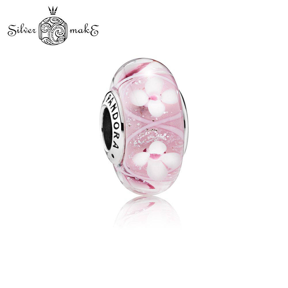 

Серебряный шарм Пандора "Розовое мурано с цветами"