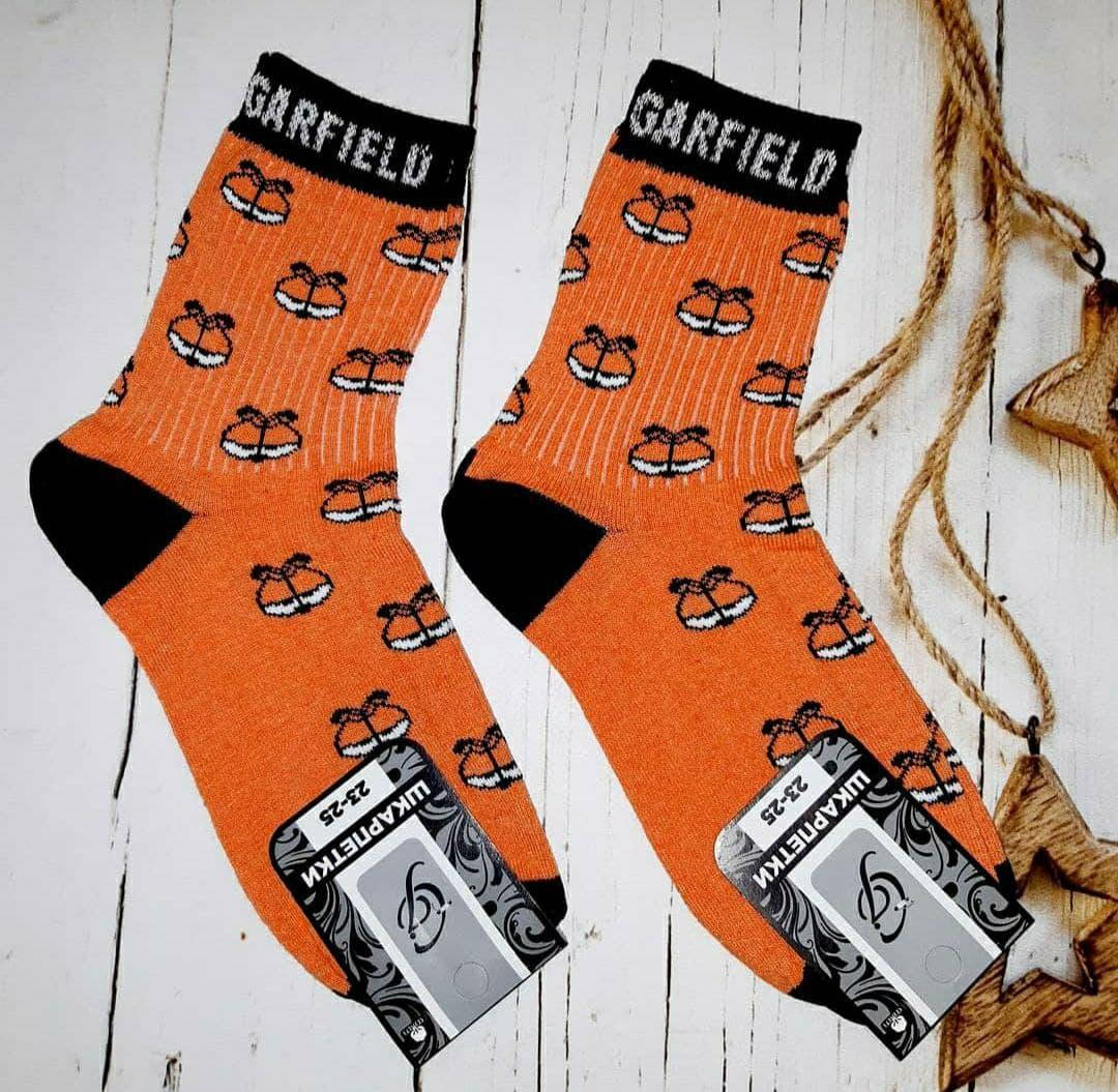 

Модные оранжевые высокие носки с принтом Гарфилд - носки прикол