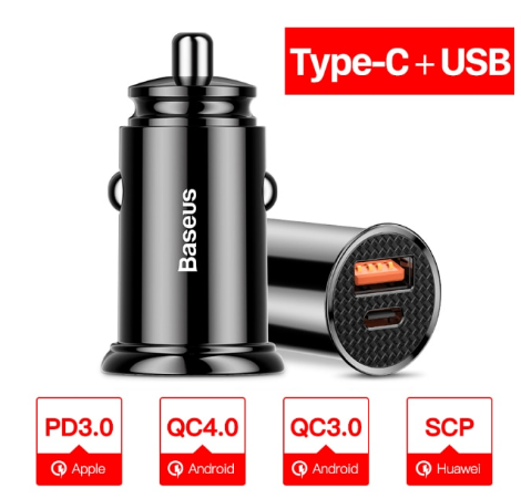 

Автомобильное зарядное устройство адаптер Baseus 12V QC4.0 + PD3.0 USB TYPE-C 5V 5A модель BS-C16Q1