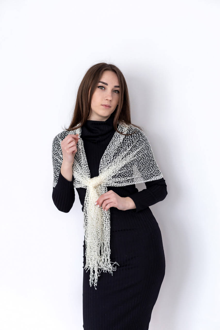 

Легкий прозрачный шарф в сетку легкий с бахромой однотонный Слоновая кость, Бежевый