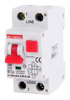 

Выкл дифф тока с функцией защиты от сверхтоков e.rcbo.pro.2.B16.30, 1P+N, 16А, B, тип А, 30мА Енекст