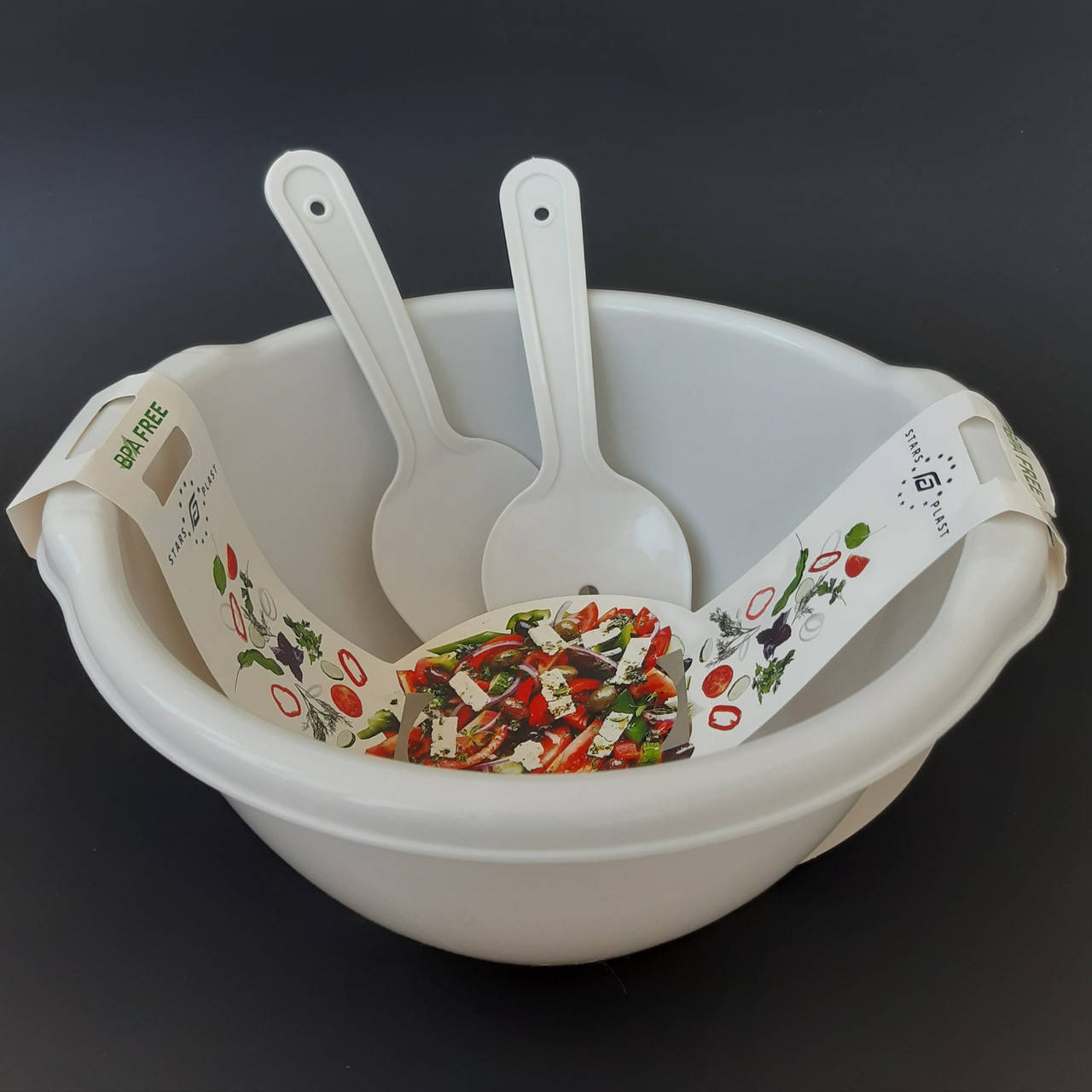 

Миска для салата 5 л с ложкой и вилкой из пищевого пластика /3 предм./, Белый