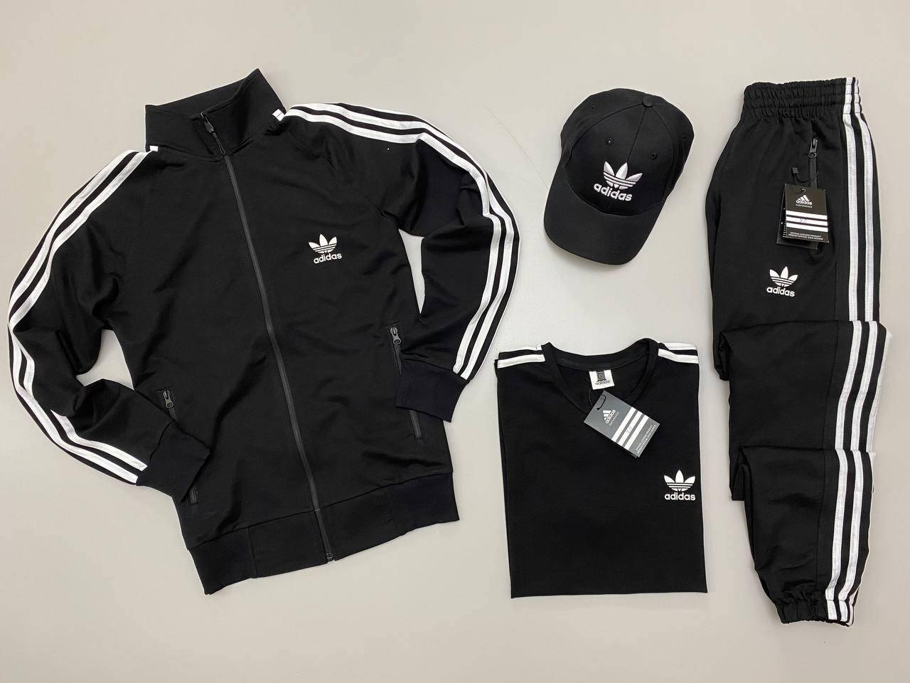 

Спортивный костюм мужской на молнии Adidas (адидас) Набор 4в1: кофта штаны футболка кепка черный