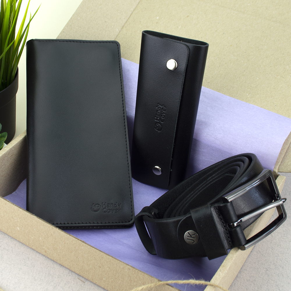 

Подарочный набор мужской HandyCover №52: Кошелек + ключница + ремень (черный)