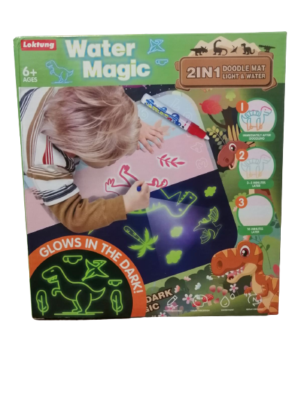 

Коврик для рисования водой Динозавры 2 в 1 + маркер излучающий свет, трафареты, оттиски, валик
