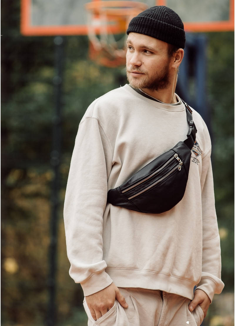 

Бананка мужская модная из натуральной кожи поясная сумка через плечо черная, Черный