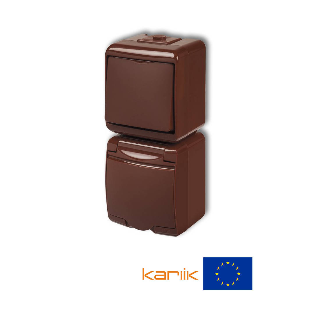 

Розетка+выключатель IP54 Karlik JUNIOR 4WGHP-1s коричневый с заземлением крышкой наружный (микс вертильный)