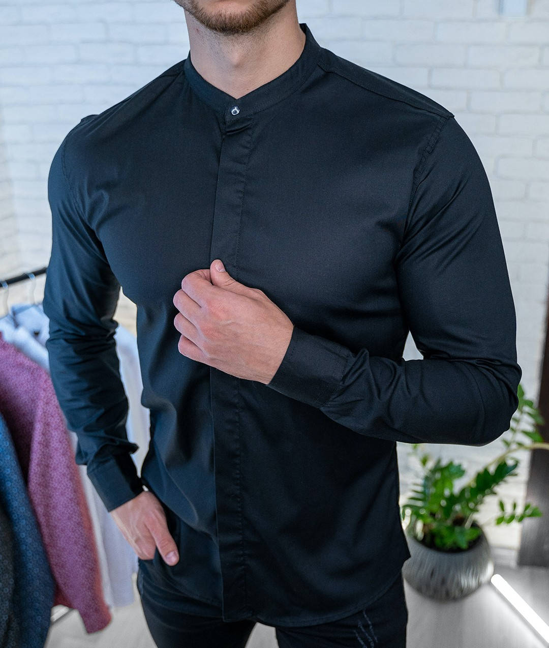 

Мужская стильная хлопковая рубашка. Чёрная классическая рубашка M, Черный