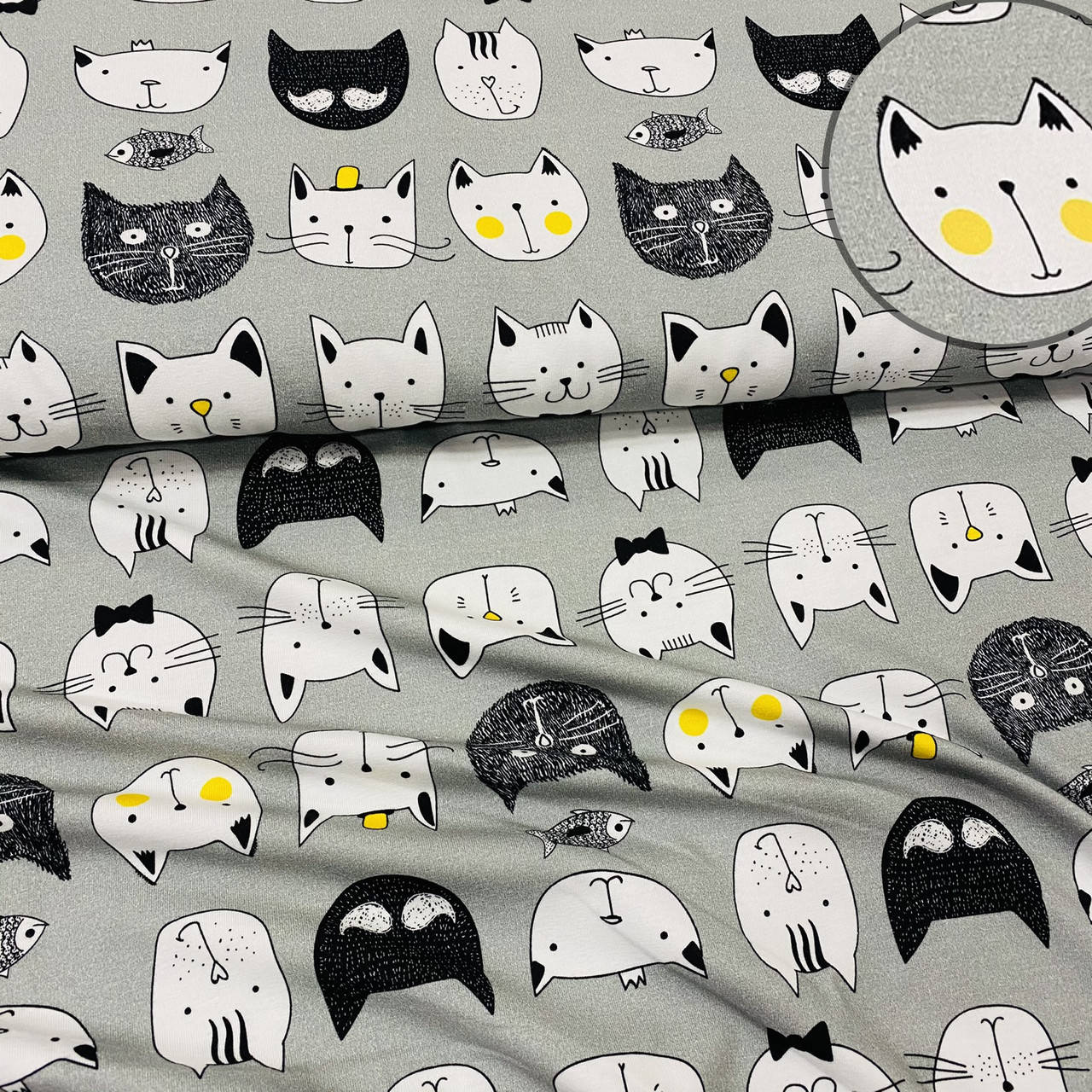 

Стрейч кулир Коты морды на сером фоне Состав 95% хлопок 5% эластан для футболок шортиков платьев лосин, Серый