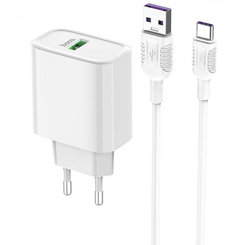 

СЗУ 1USB Hoco C69A QC 3.0 White + USB Cable Type-C (5A), Белый