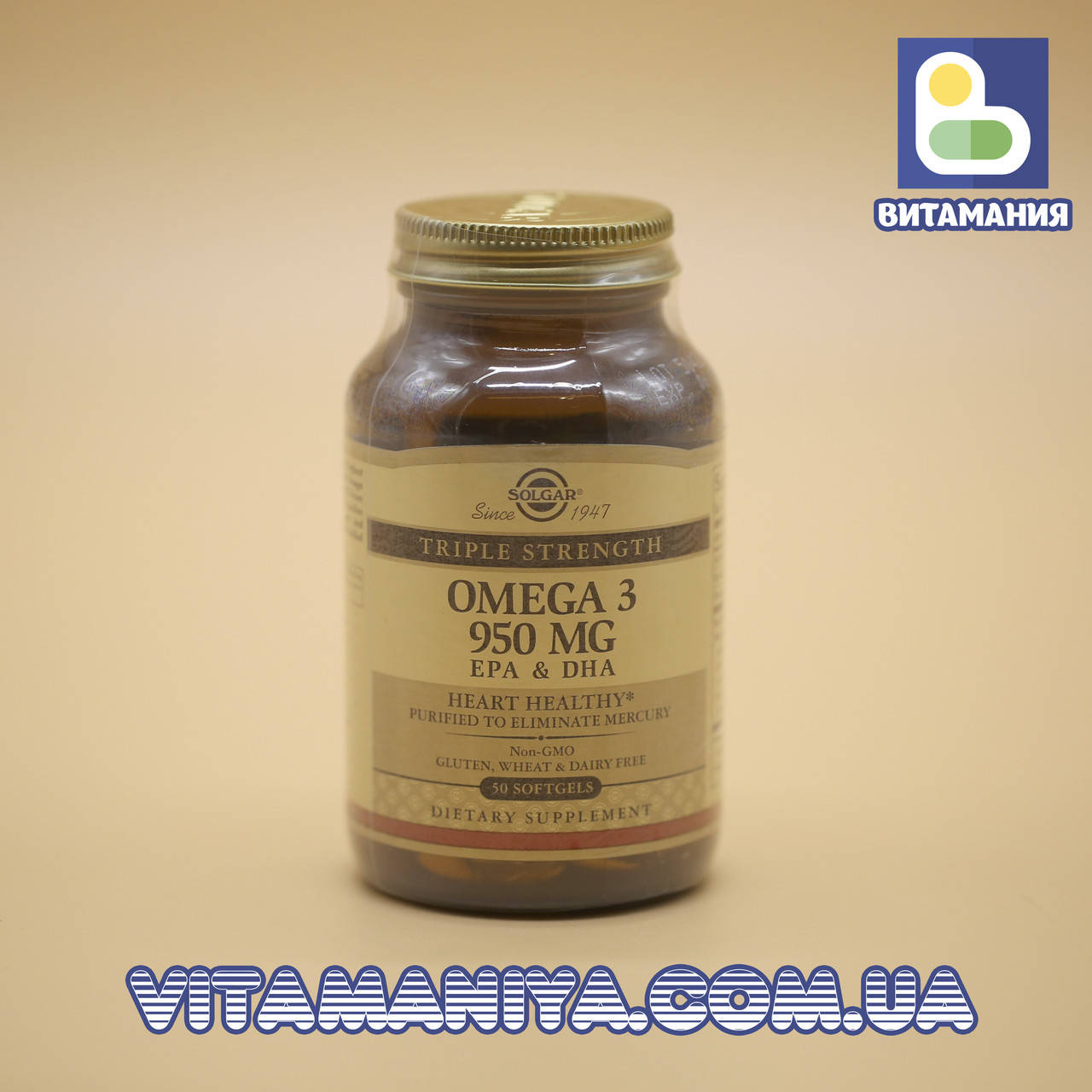 

Рыбий жир, Омега - 3 (Omega-3, EPA DHA), Solgar, тройная сила, 950 мг, 50 капсул