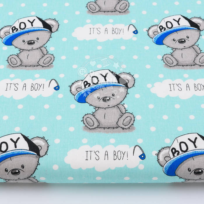 

Польская бязь "Мишка Boy в синей кепке" на бирюзовом фоне (№1144а), Бирюзовый