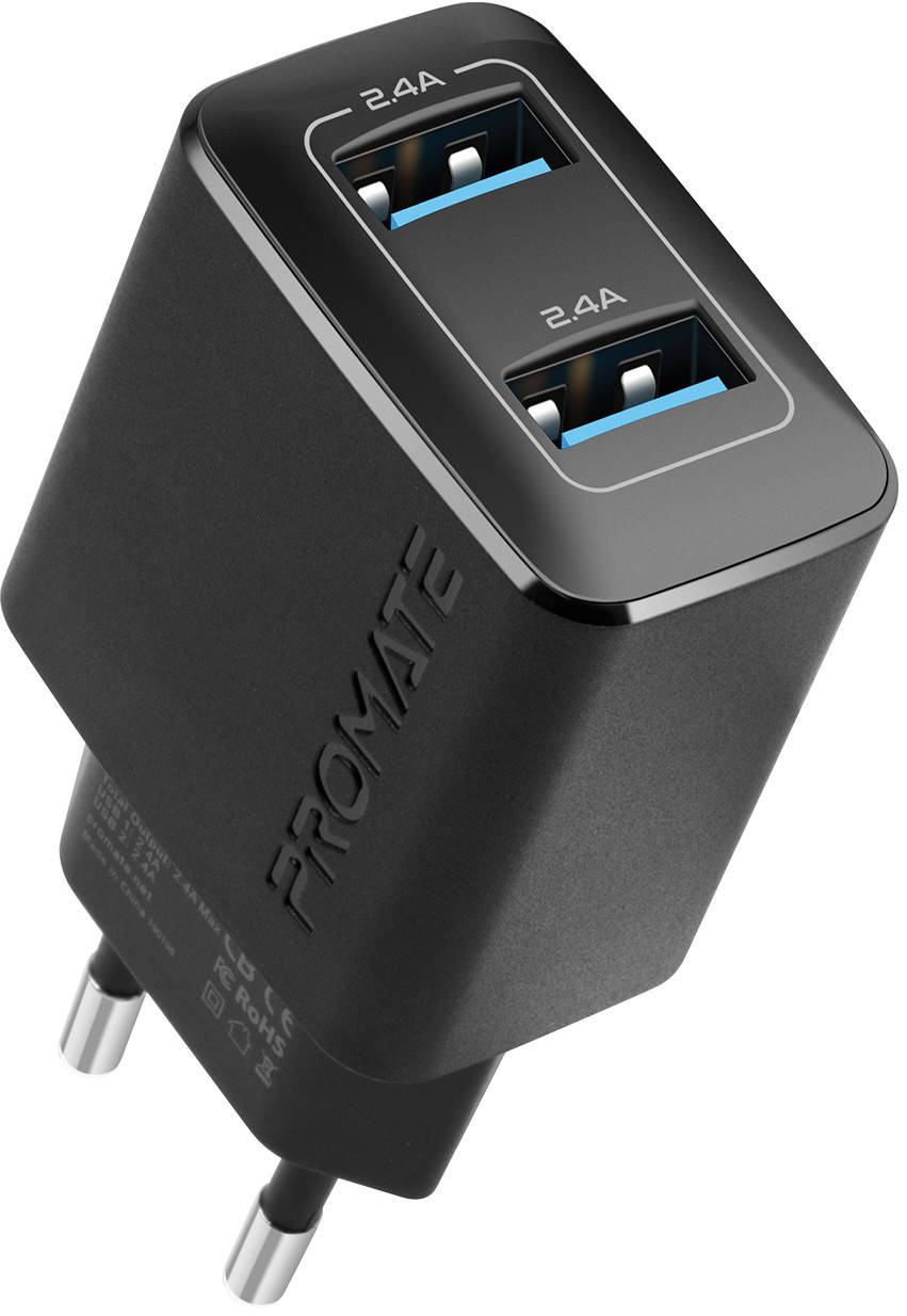 

Сетевое зарядное устройство Promate BiPlug 12Вт 2 USB Black, Черный