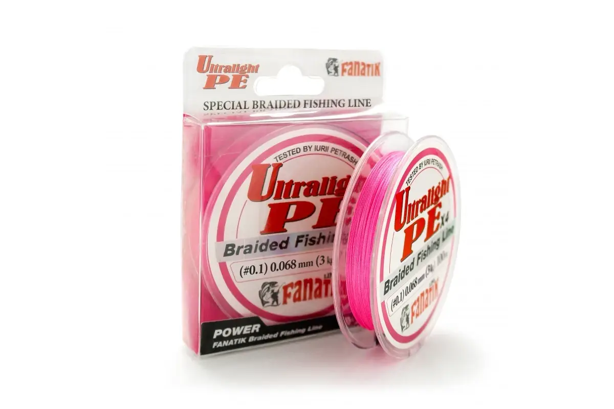 

Шнур плетеный FANATIK Ultralight PE X4 100 m (#0,1) 0.068 mm 3.0 kg Pink, Розовый