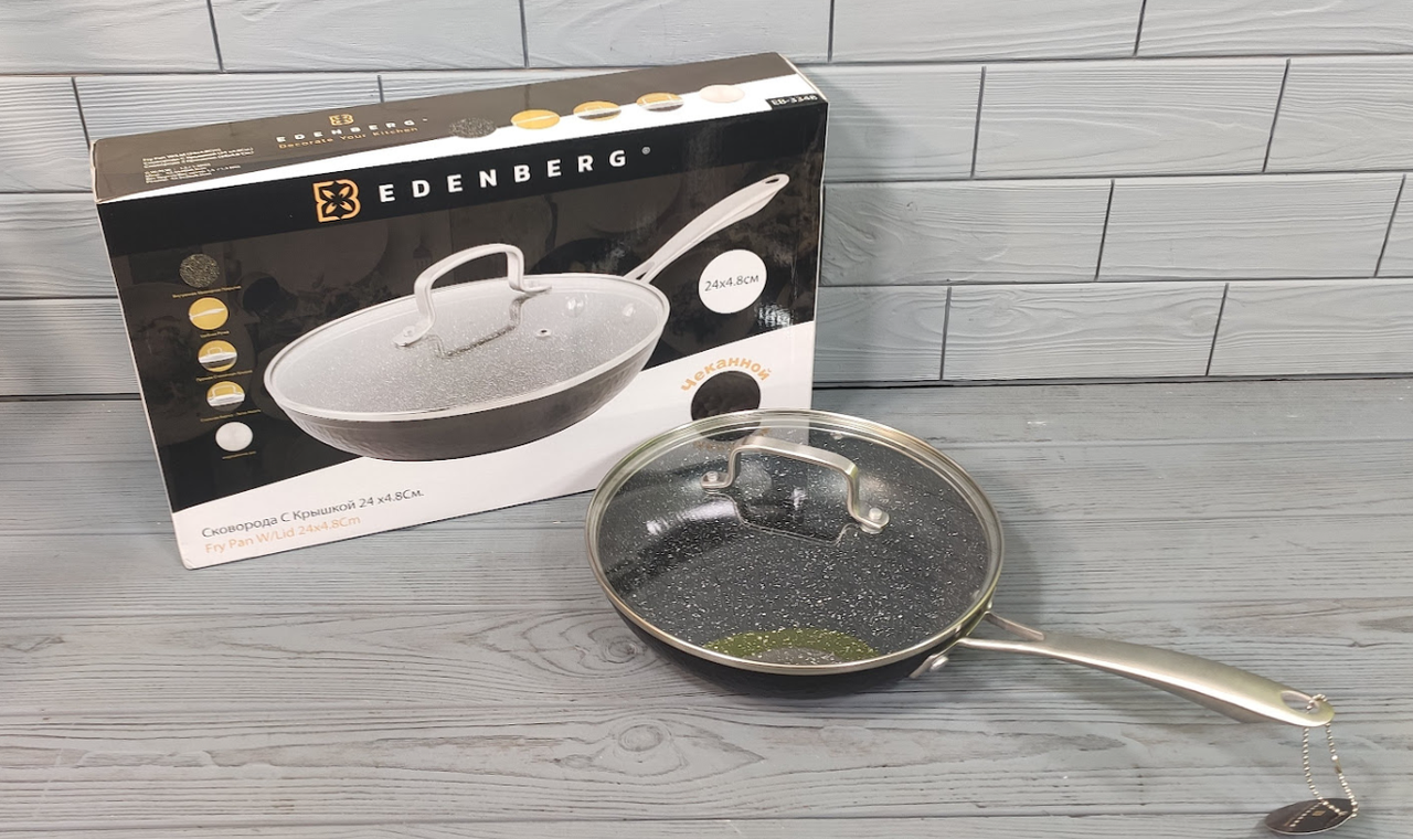 

Сковорода из литого алюминия с крышкой Edenberg Сковорода с мраморным покрытием индукционное дно Диаметр 24см