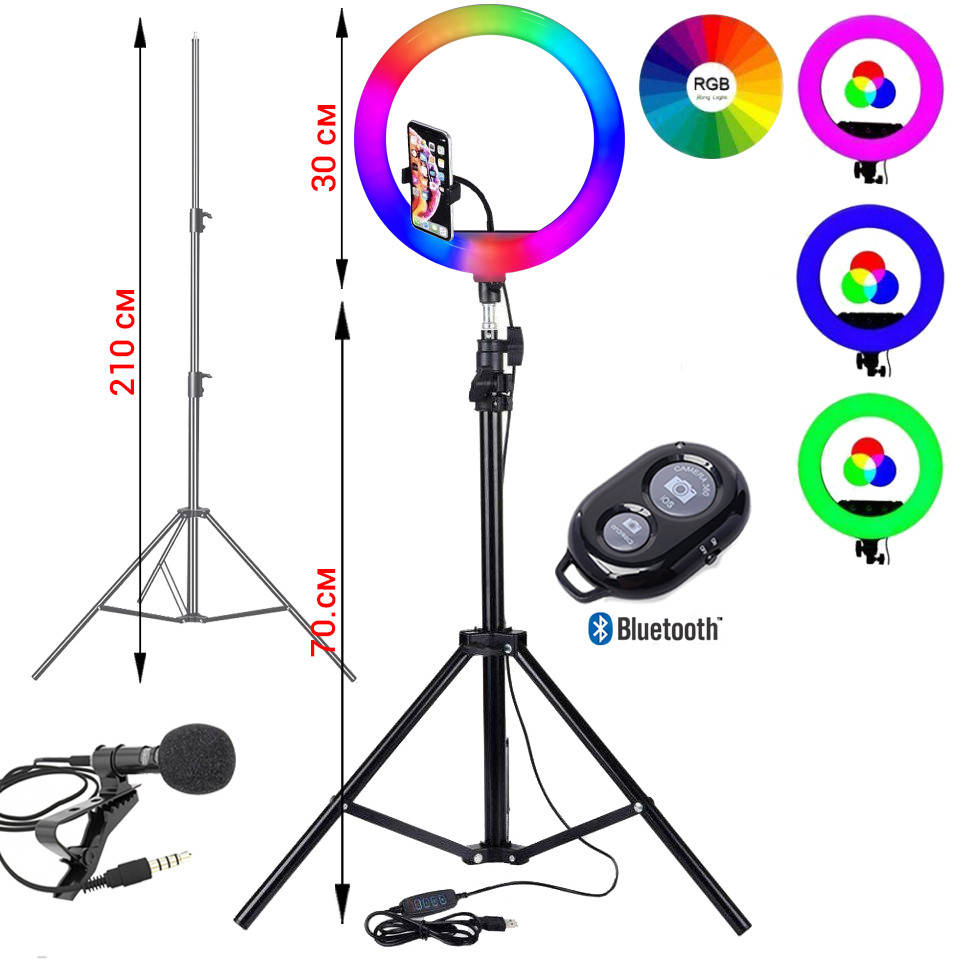

Цветная RGB Кольцевая светодиодная лампа 30см Набор блогера 4в1 РГБ LED кольцо для селфи+штатив BLM