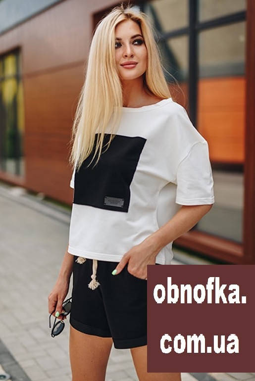 

Женский костюм шорты с футболкой свободного кроя креп костюмка черный Люкс качество, Черно-белый