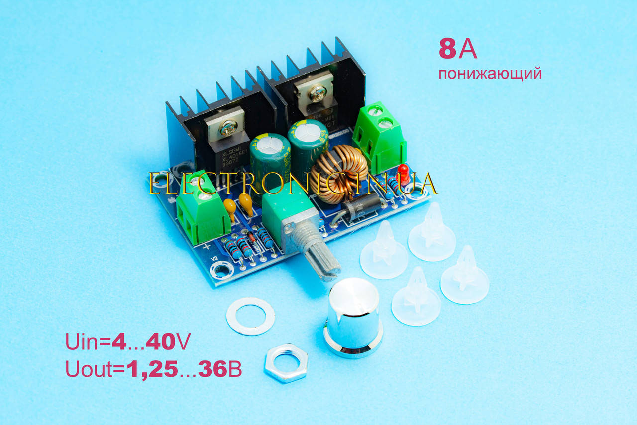 

Модуль XL4016E1 + регулятор с ручкой. Понижающий DC-DC преобразователь с регулятором Uin 4-40V, Uout 1.25-36V