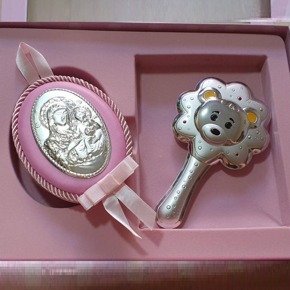 

Серебряная погремушка Мишка и икона Дева Мария для девочек