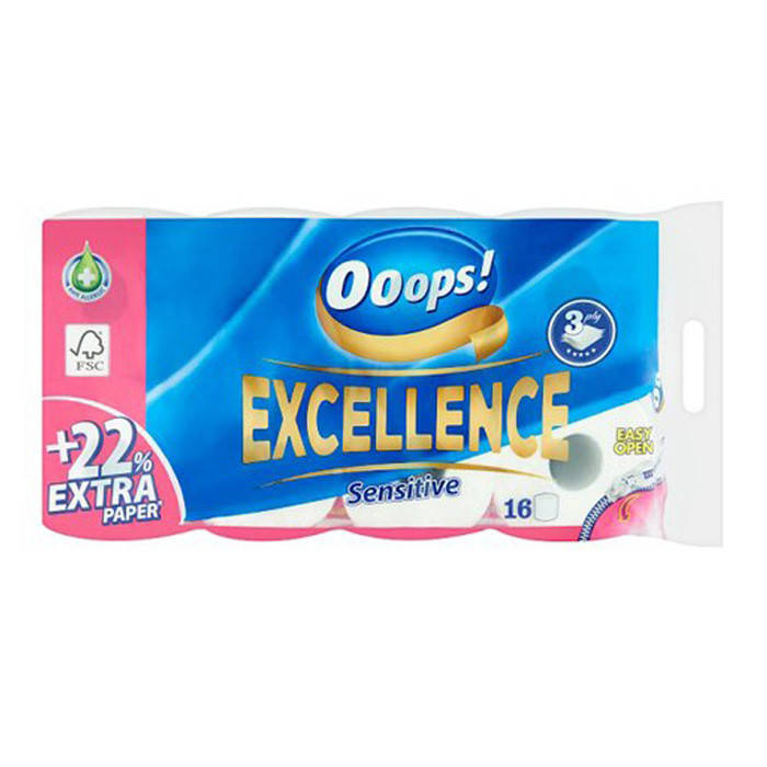 

Туалетная бумага Ooops! Excellence Sensitive 3-х слойная 16 шт 150 отрывов, Белый