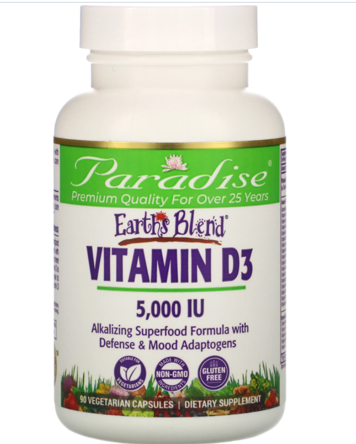 

Paradise Herbs, Earths Blend, витамин D3, 5000 МЕ, 90 вегетарианских капсул