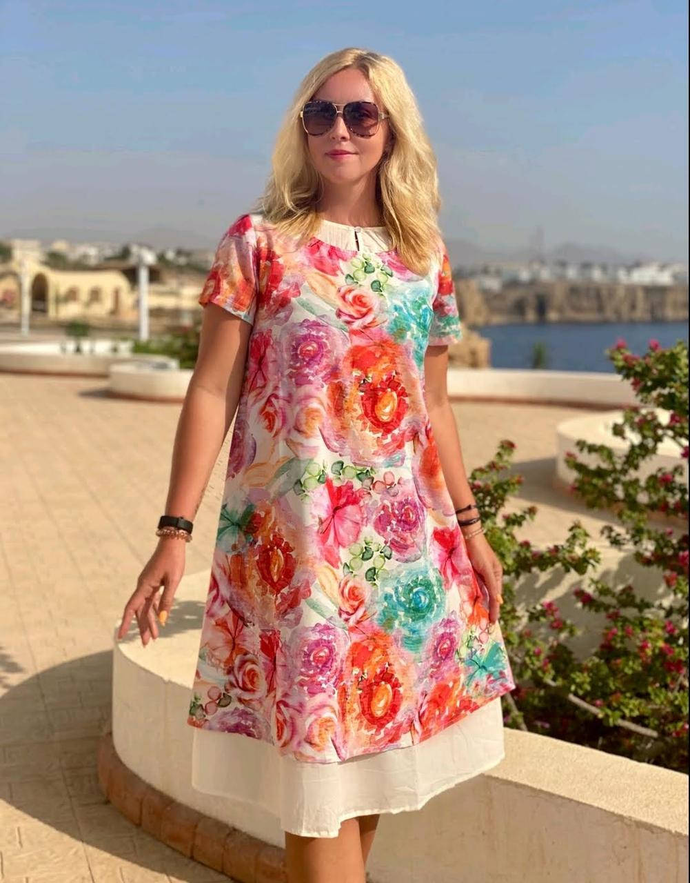 

Платье летнее из натуральной ткани с короткими рукавами (M-3XL)