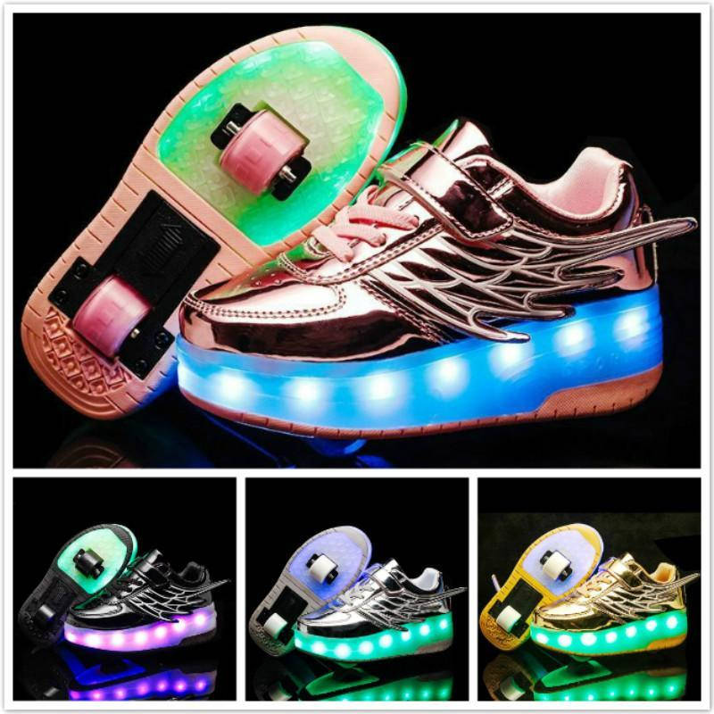

Роликовые кроссовки Angel с подсветкой, 2 колеса, USB, в стиле heelys. Детские и Подростковые (3344)