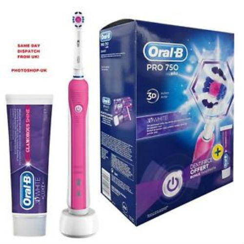 

Электрическая зубная щетка Braun Oral-B Pro 750 Pink з насадкою 3D White + паста