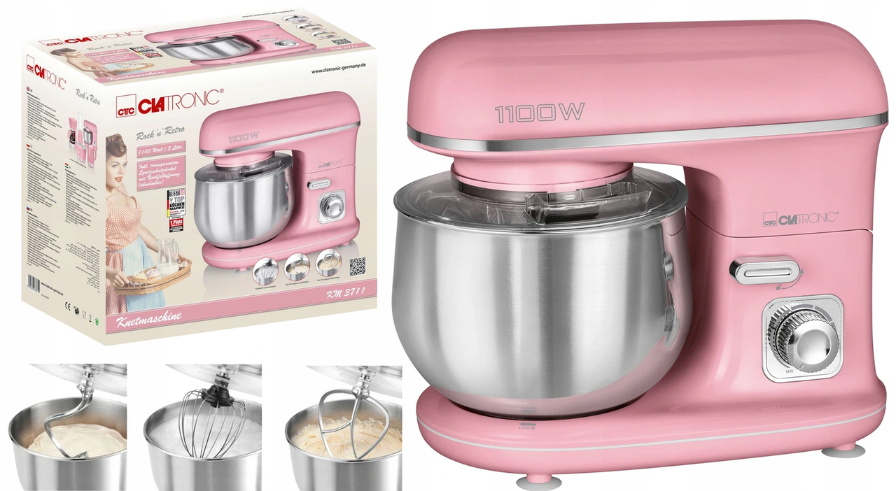 

Кухонный комбайн, планетарный миксер, тестомес CLATRONIC KM 3711 Pink (1100Вт, 5л, Германия)