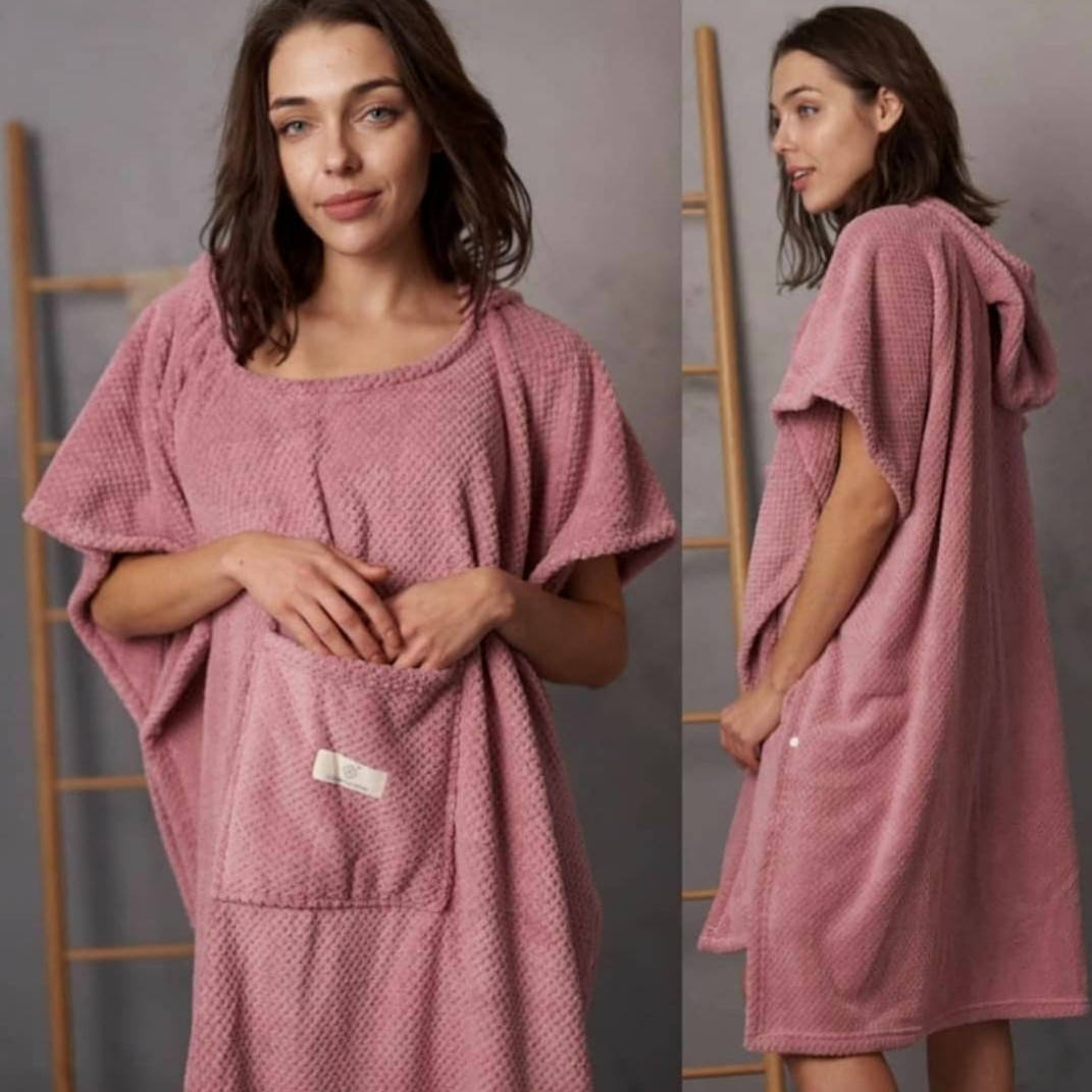 

Набор банный для бани и сауны микрофибра женское полотенце пончо халат с капюшоном, Розовый