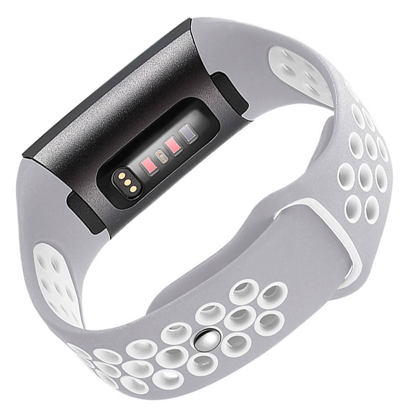 

Силиконовый ремешок с перфорацией для фитнес браслета Fitbit Charge 3 / 4 - Grey&White / размер L