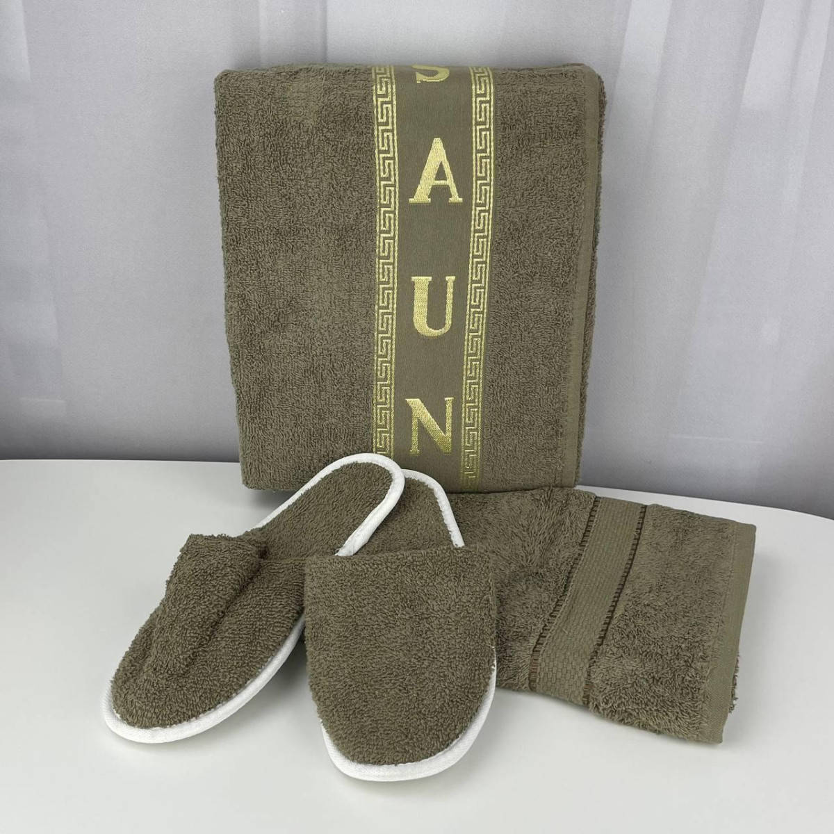 

Набор для сауны и бани Merzuka махровый мужской 5839 хаки 3 предмета