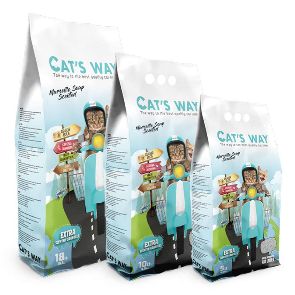 

Бентонитовый наполнитель , для кошачьего туалета CAT'S WAY марсельское мыло + бирюзовые гранулы 5л
