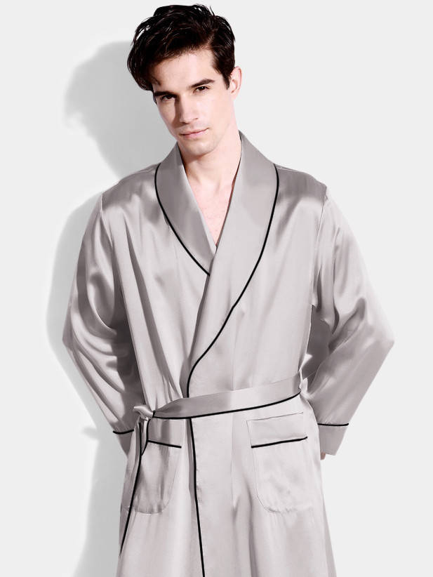 

Халат мужской шелковый серый стальной с воротником шаль (размер S - XXXL 42-56) XL