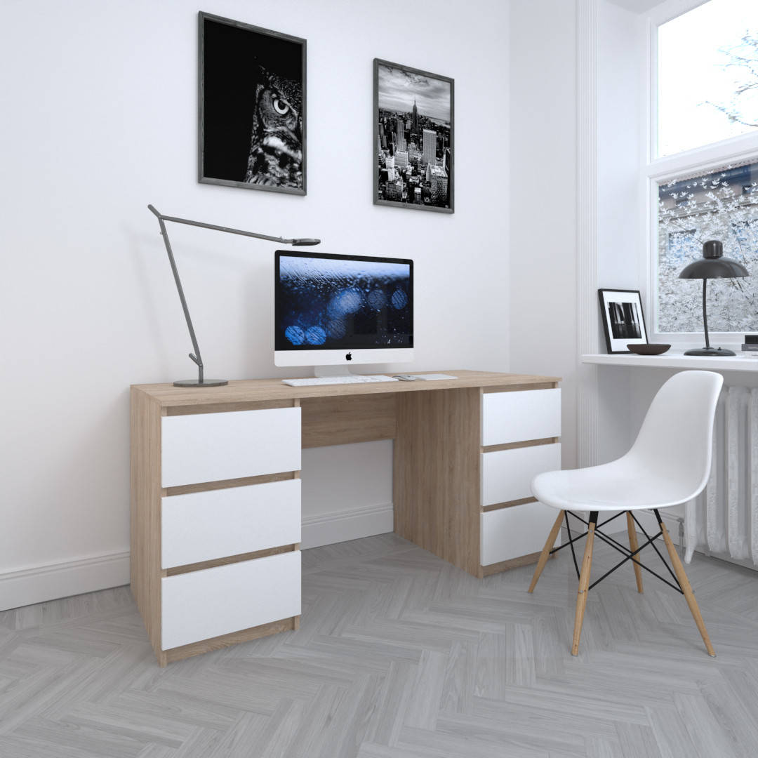 

Стол компьютерный, письменный с двумя тумбам на 6 выдвижных ящиков c фасадами без ручек R-2 Дуб Сонома / Белый фасад